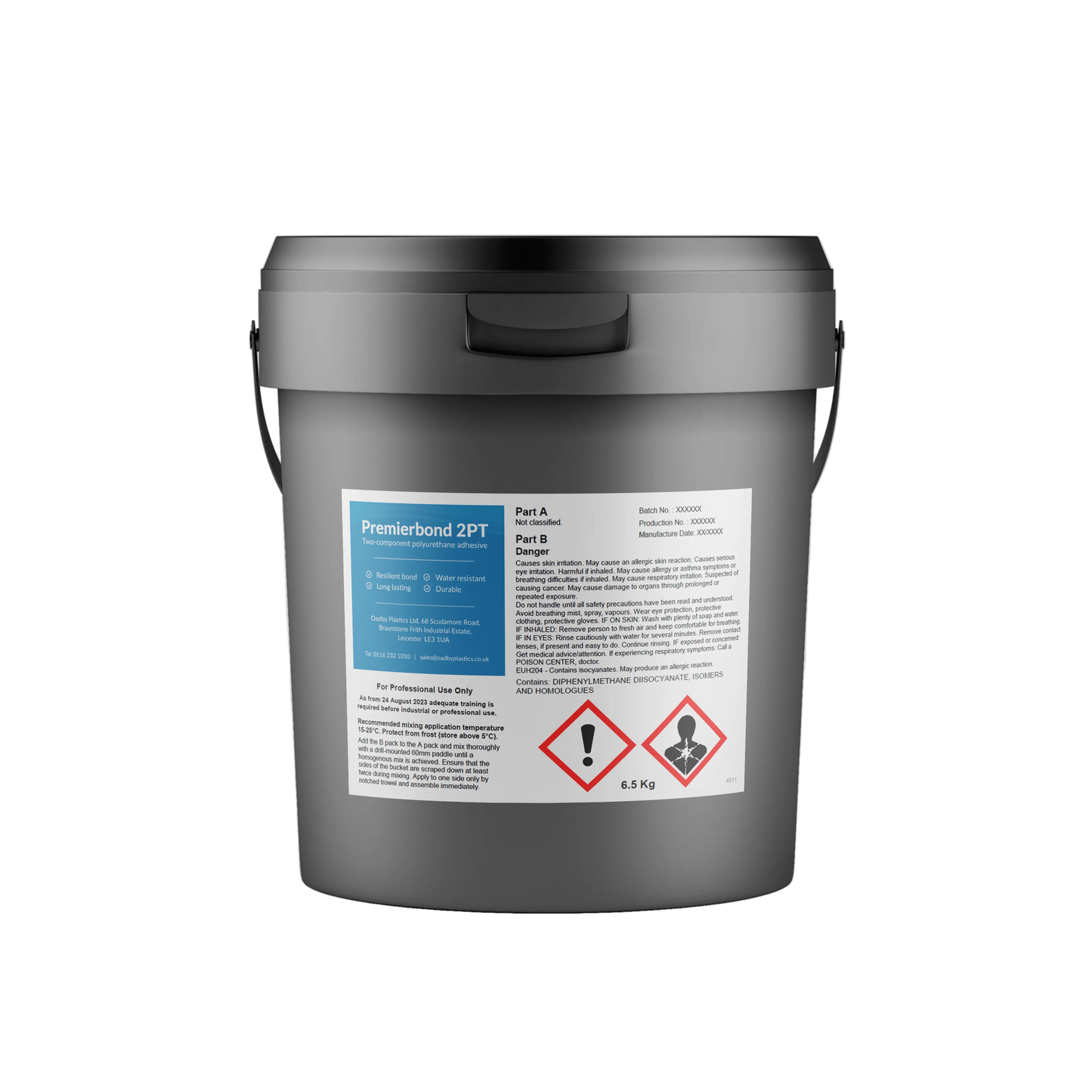 Two-component polyurethane adhesive system supplied in a 6.5kg trade pack. Formulated for easy mixing and optimised for notched scraper application. Active chemical curing triggers directly upon introduction of Part B. Shelf life: 6 months.